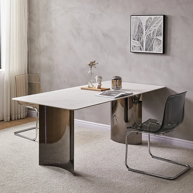 Italian minimalist sintered stone dining table: a small room with cream-style rectangular dining table for 6 people