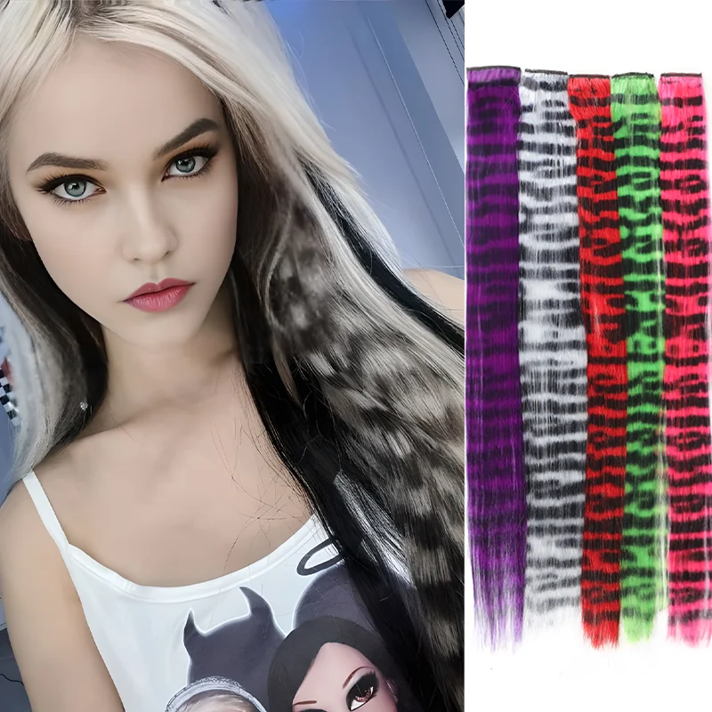 Extensiones de Cabello sintético con estampado de leopardo, extensiones de 18 pulgadas, multicolor, reflejos de fiesta, Clip