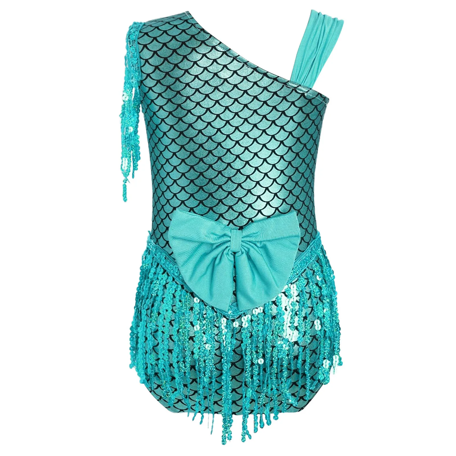 Kinder Mädchen Fischschuppen Ballett Tanz Trikot Schleife hinten Pailletten Quasten Gymnastik Body für Meerjungfrau Cosplay Mottoparty