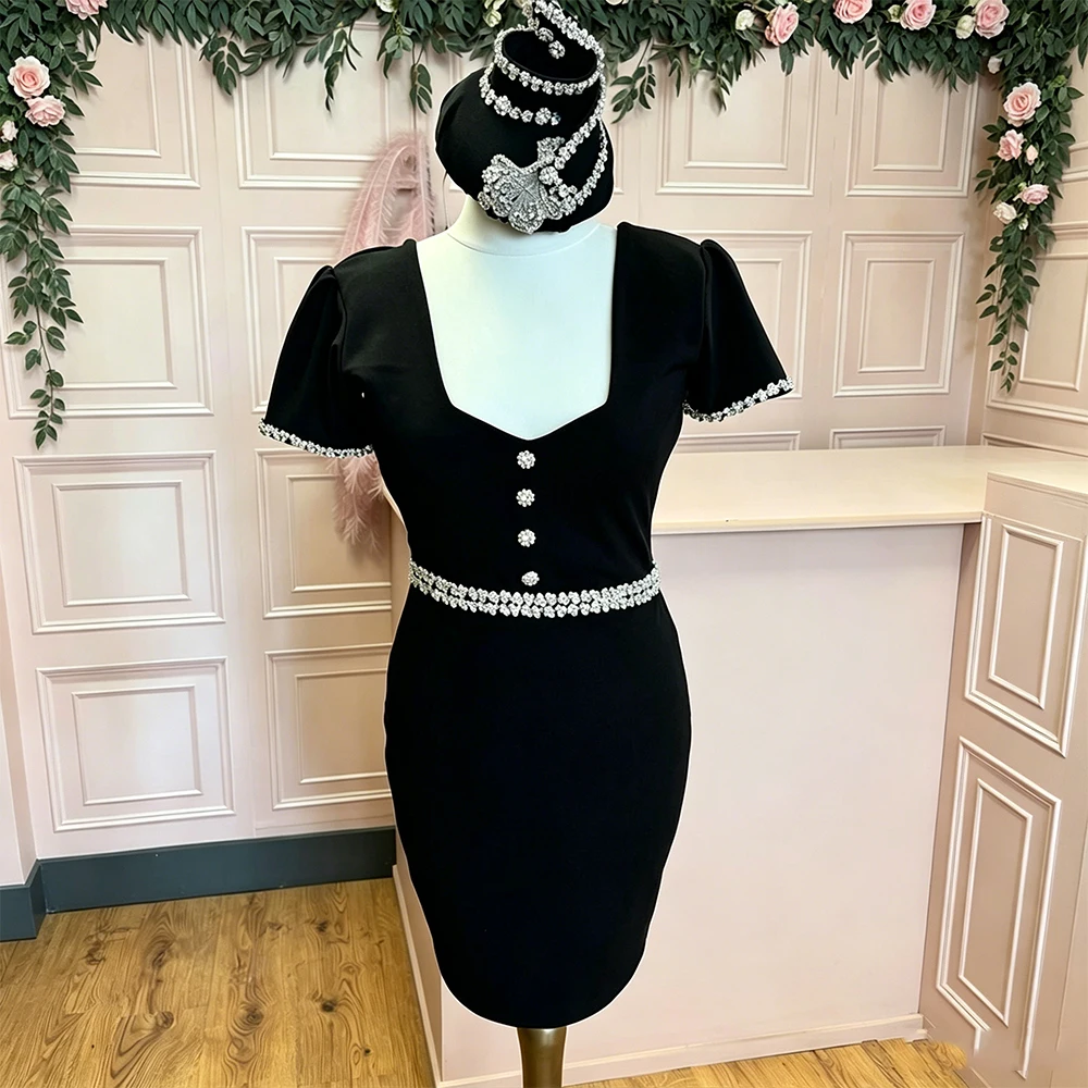 Customized Women's Wedding Guest Dresses Mini Crystal Luxury Cocktail Gowns Short Sleeves Black V Neck Sheath Formal Party Dress