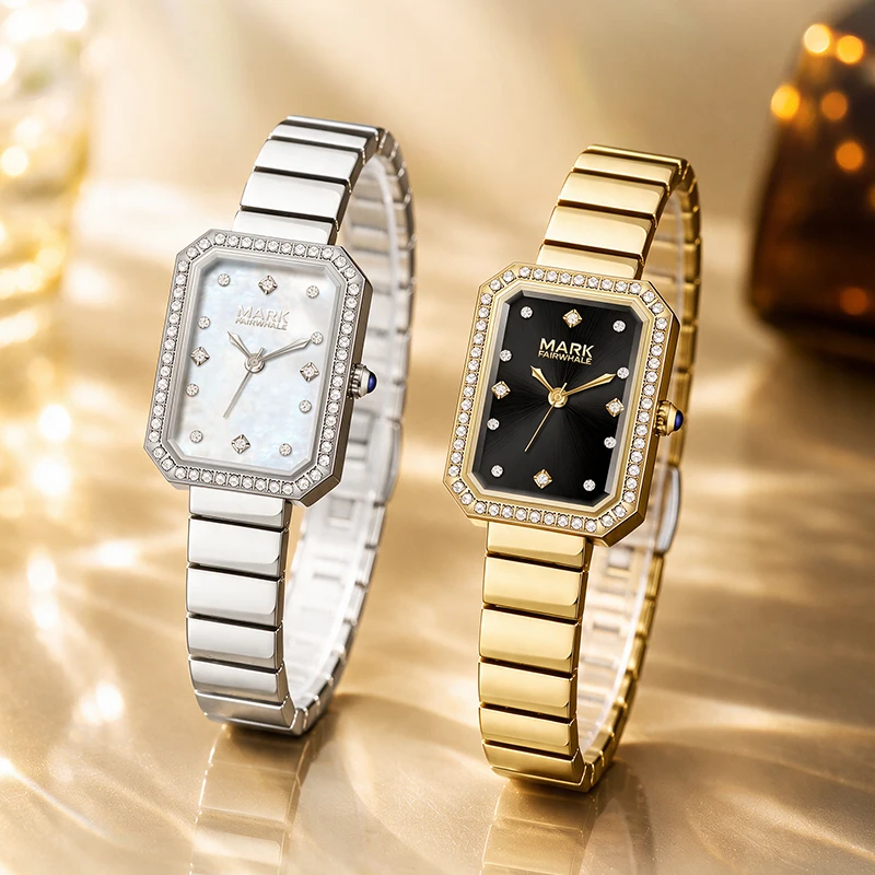 MARK FAIRWHALE Quartz Watch FW‑3003 Square Zircon Inlaid Dial Coated Crystal Stainless Steel Bracelet Wristwatch For Women