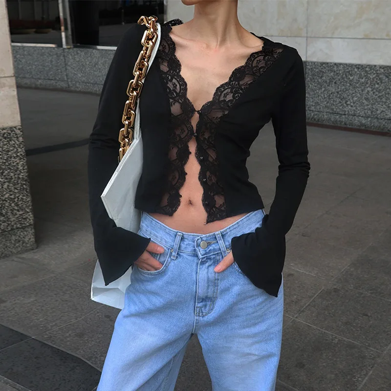 Sexy Lace Panel V Neck Crop Top Women Long Sleeve Flare Cuff Button Down Slim Fit Tee Tops