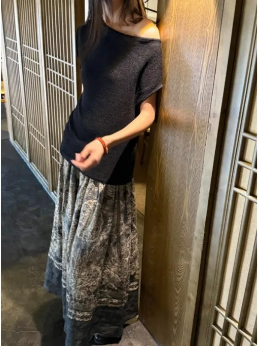 Ele-Falda Midi de lino con estampado adelgazante para mujer, falda Retro de cintura alta, corte en A, novedad de verano