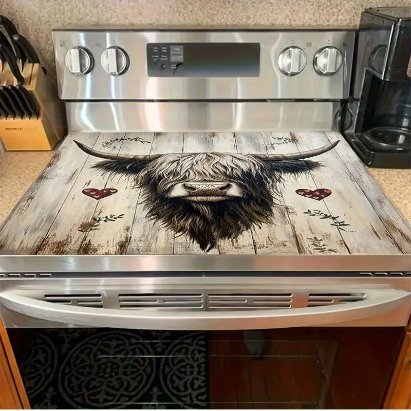 Cute Highland Cow Heart Print Stove Top Cover, Non-Slip Stove Protector Mat, Decorative Gas Cooktop Pad, Fun Kitchen Decor