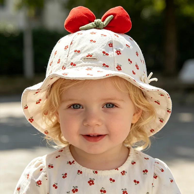 Summer Baby Girls Fisherman Hat Sweet Bow Cherry Flower Print Hats Sun Protection Outdoor Infant Accessories Summer Autumn 3-16M
