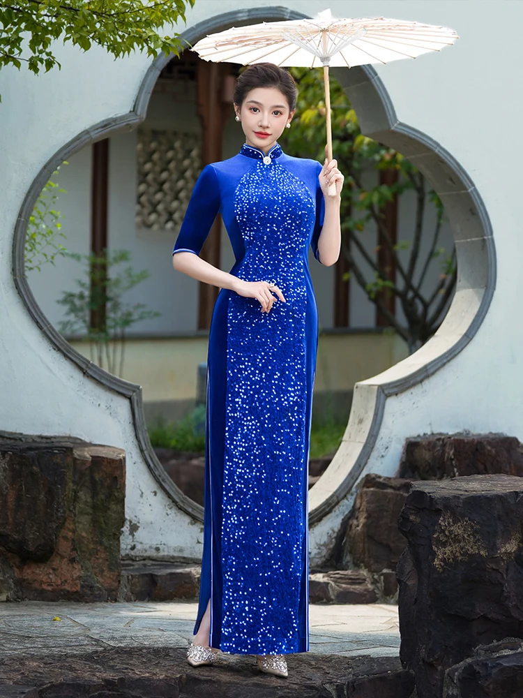 

Blue Sequin Ele High End New Sle Ceremony Performance Costume Warmth Seven Sve Long Qipao Chinese Sle