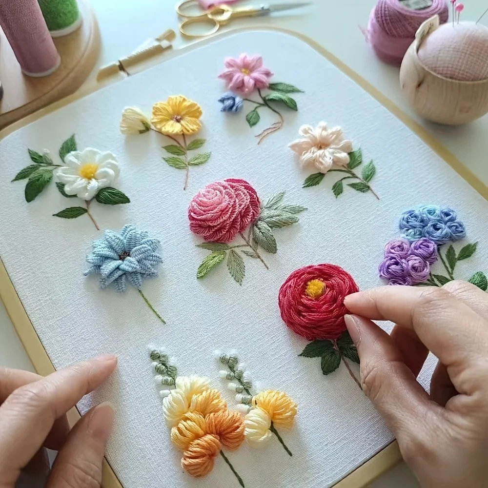 9-color multi-flower 3D three-dimensional embroidery material pack, beginner's handmade DIY gift, includes video instructions, w