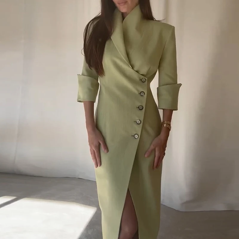 Casual Button Irregular Maxi Dress Vestido Lady Temperament Lapel High Waist Dress 2025 Autumn Elegant Long Sleeved Blazer Dress