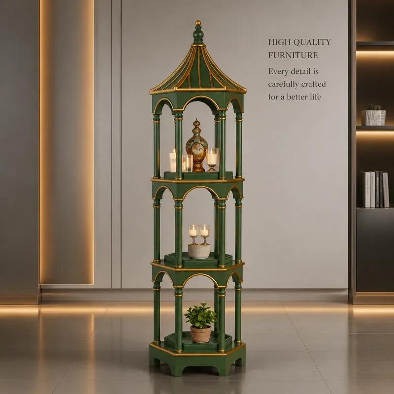 American Retro Green Pagoda Shaped Three Tier Shelf Home Decor Display Rack Carved Art Storage Stand