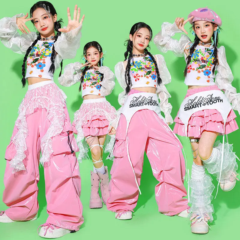 

Одежда для джазовых танцев, розовые брюки в стиле хип-хоп для девочек, одежда для выступлений на сцене Kpop, белый укороченный топ, детская одежда для джазовых выступлений, уличная одежда AMY3192