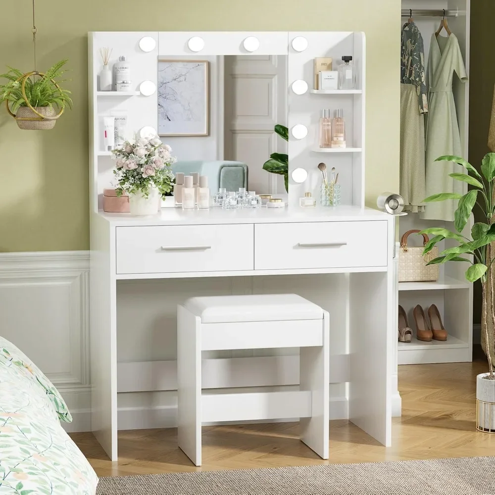 

Vanity Desk, Makeup Table with 2 Large Drawers&Mirror, Power Outlet and Round Holder, 3 Color Modes Adjustable Bulb Vanity Desk