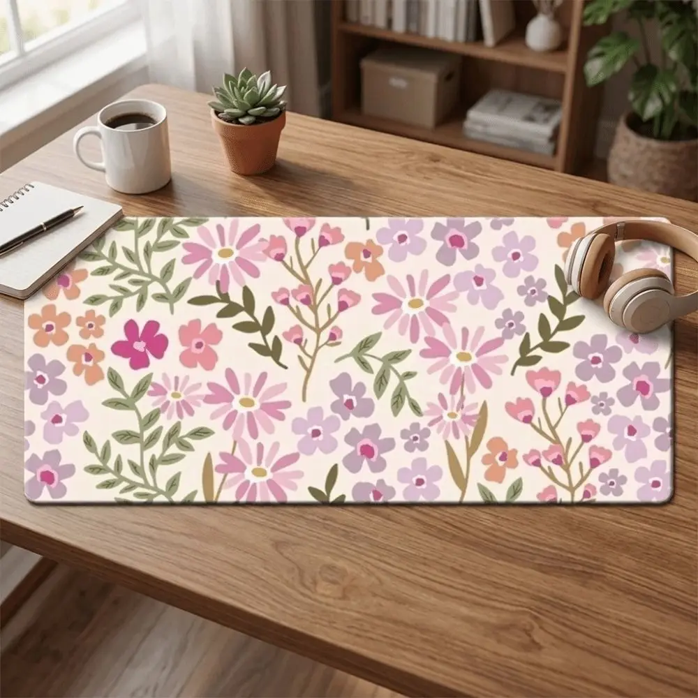 Sturdy Large Floral Desk Pad Rubber Base Non-Slip Mouse Pad Stitched Edge Flower Pattern Computer Mat Office