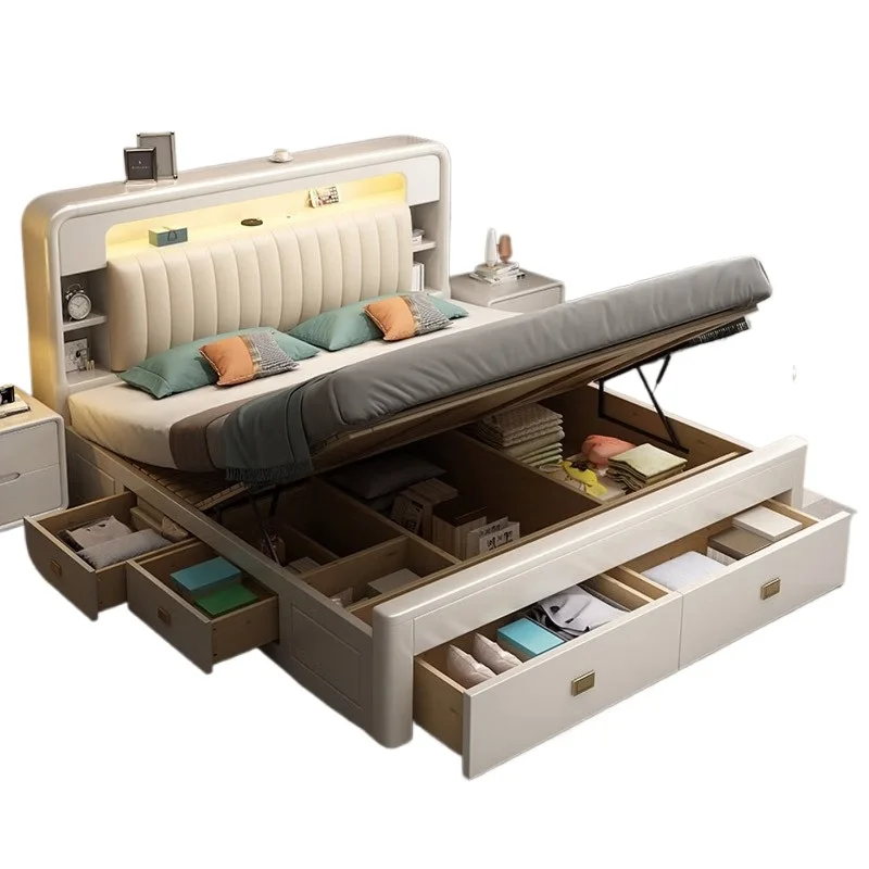 White solid wood bed, multi-functional modern simple 1.8m high box pneumatic storage drawer master bedroom double wedding bed