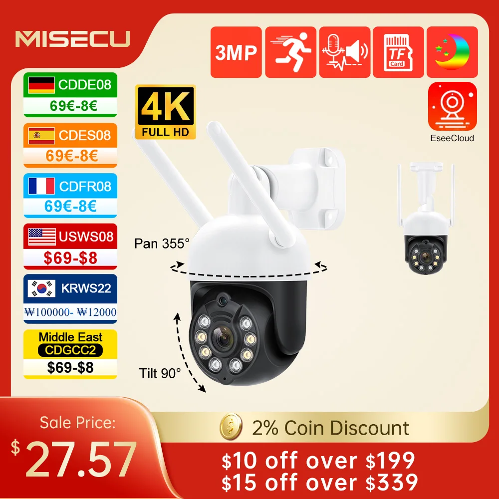 MISECU PTZ WIFI IP Dome Speed 3MP Camera Outdoor Waterproof P2P Wireless Surveillance Security CCTV Camera AI Auto Tracking