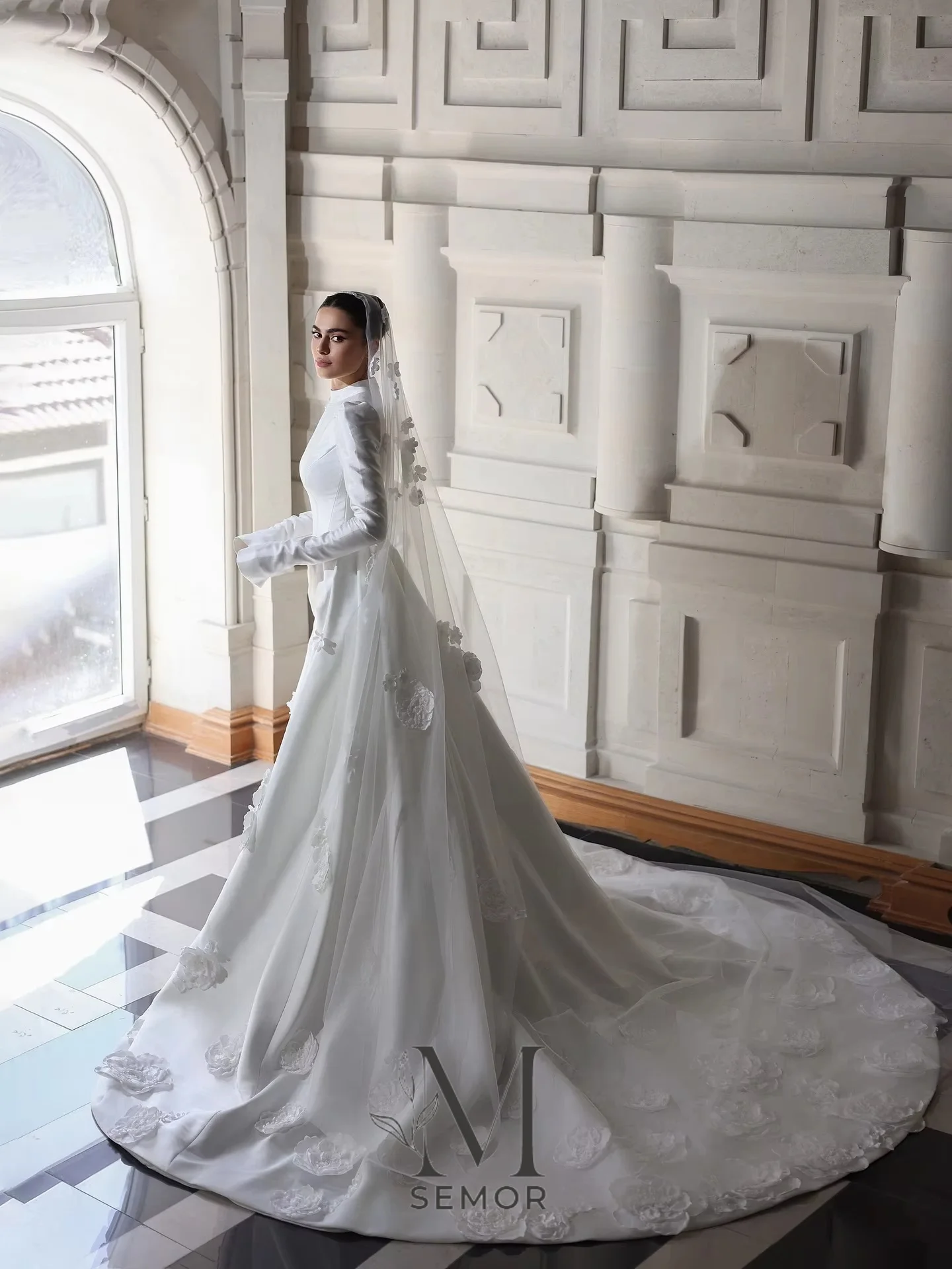 Semor Customized Elegant Muslim Mermaid Bridal Dress Detachable Train High Collar Long Sleeve Wedding Gown Flower Embellished