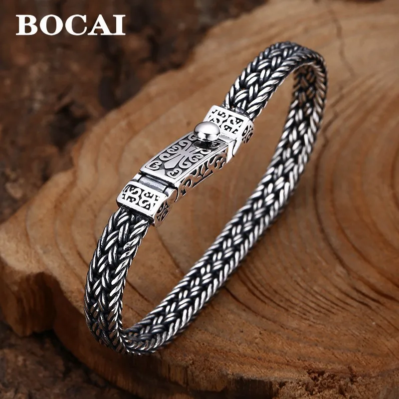 

BOCAI New Real S925 Silver Bracelet for Man Personality Woven Bracelet 8MM Domineering Retro Fashion Holiday Gifts