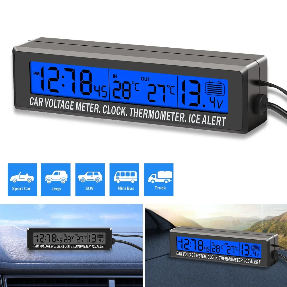 4 IN 1 Mini Electronic Car Clock Car Inside Outside Temperature Thermometer Battery Voltage Monitor Meter with Cigarette Socket