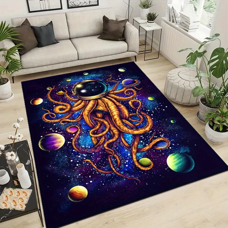 Cosmic Octopus Universe Area Rug Polyester, Soft Velvet Chair Mat, Heavy-Duty Printed Floor Carpet for Living Room, Bedro