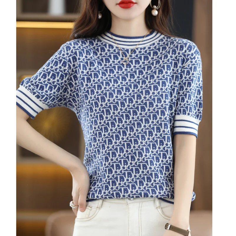 Spring Summer Women 100% Cotton T-shirt Sweater O-neck Half Sleeve Retro Jacquard Knit Pullover Tees Casual Bottoming Wear Tops