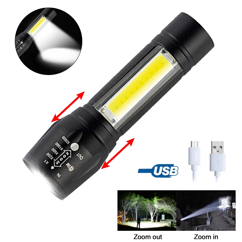 Hot XPE +COB Zoomable Light Lamp Torch with LED Flashlight 18650 USB Rechargeable