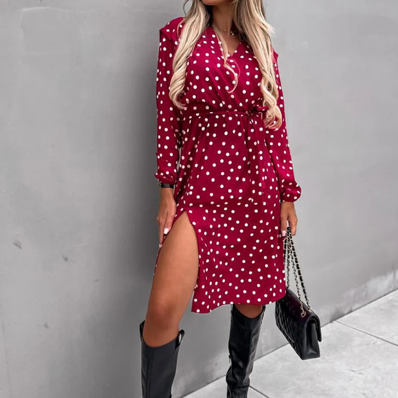 

Fashion Polka Dot Printed Midi Dress Elegant V-neck Lace-up Waist Split Beach Dress Women Casual Long Sleeve Office Party Dress