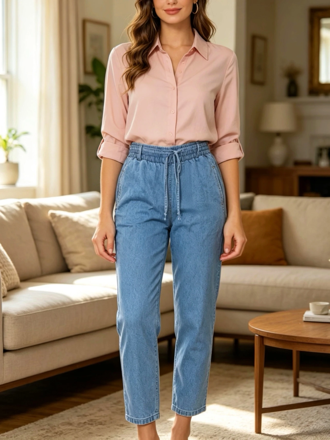 Light Blue High Waist Women's Jeans Elastic Belt Tied Loose Comfortable Ladies Denim Nine-Piece Pants