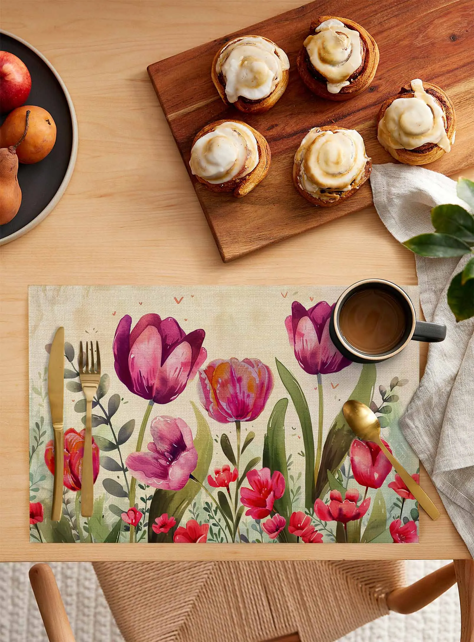 Flower Tulip Leaf Flower Coffee Dish Mat Kitchen Placemat Dining Table Rug Dinnerware 4/6pcs Pads