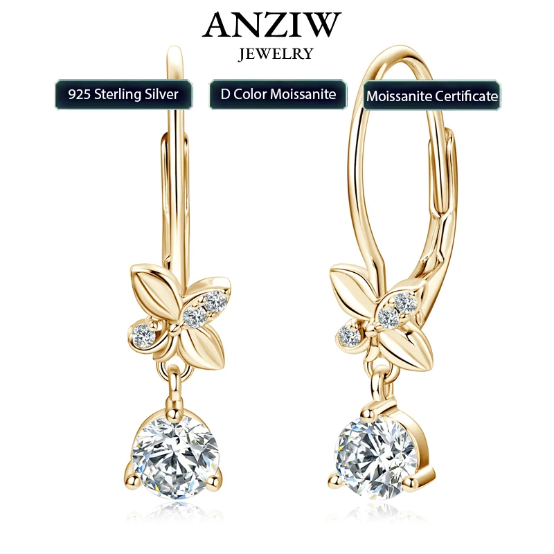 

2024 Trend Real 925 Silver 5mm Round Moissanite Drop Clip Earrings for Women Four-leaf Clover Valentine Wedding Jewelry Gift