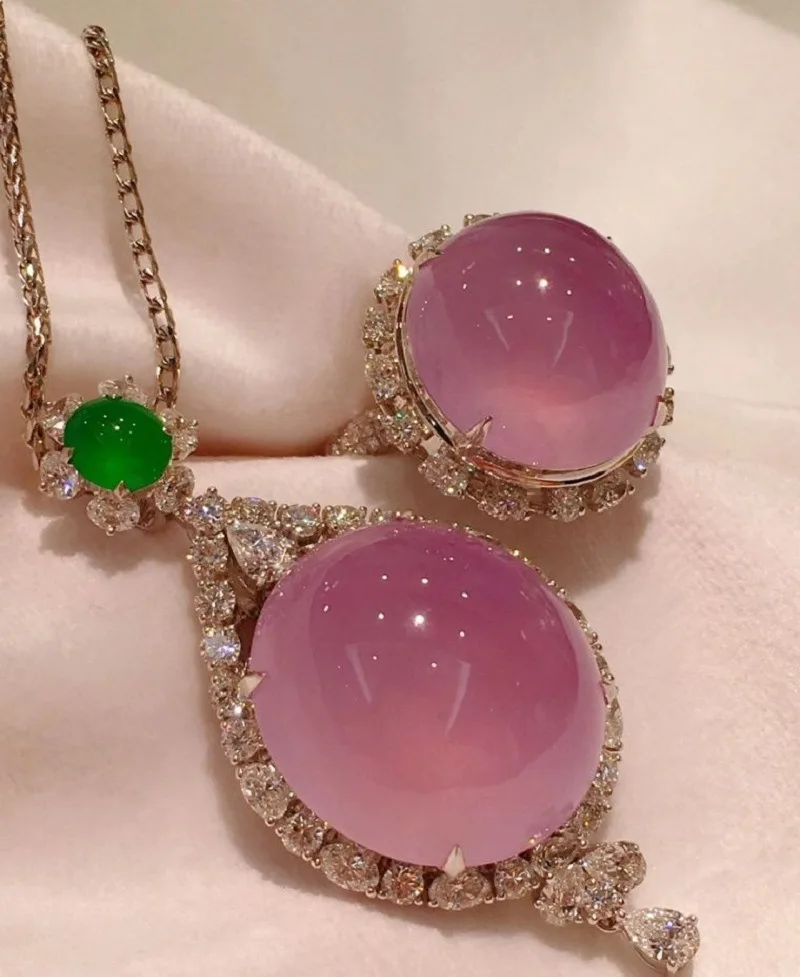 Natural Ice Seed Jade Chalcedony Violet Colour Large Jewelry Sets Romantic and Creative Sweet Wedding Engagement Necklace Ring