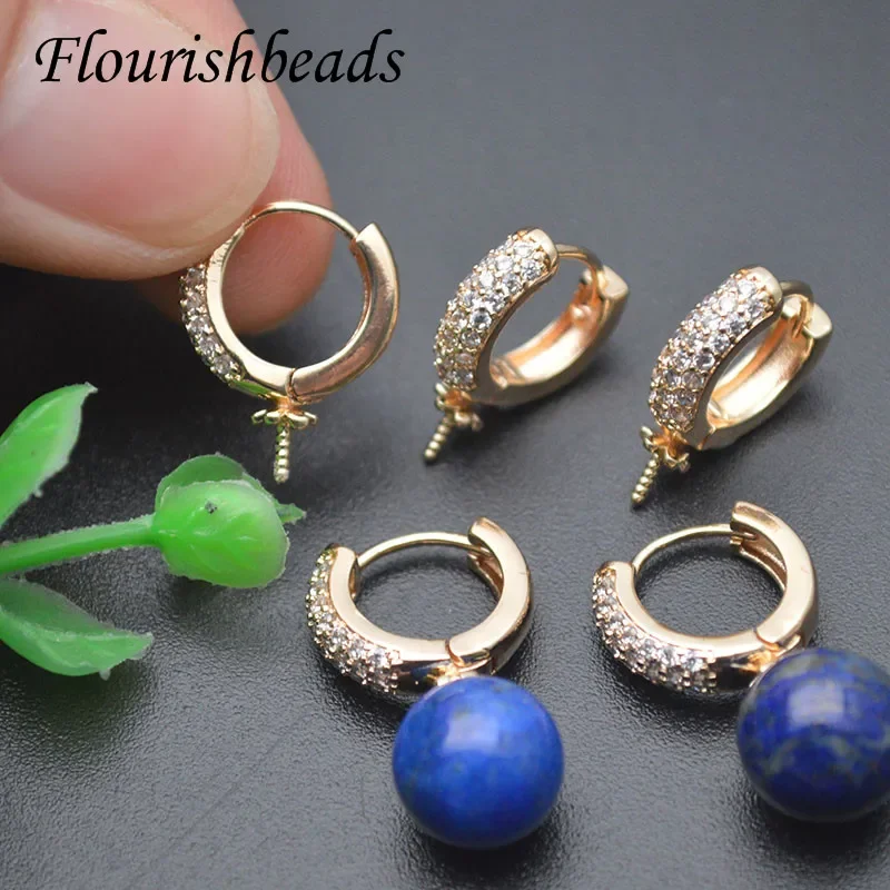 

20 шт., высококачественные металлические круглые серьги-кольца с фианитом, базовые застежки для изготовления сережек с жемчужными каменными бусинами с половиной отверстия