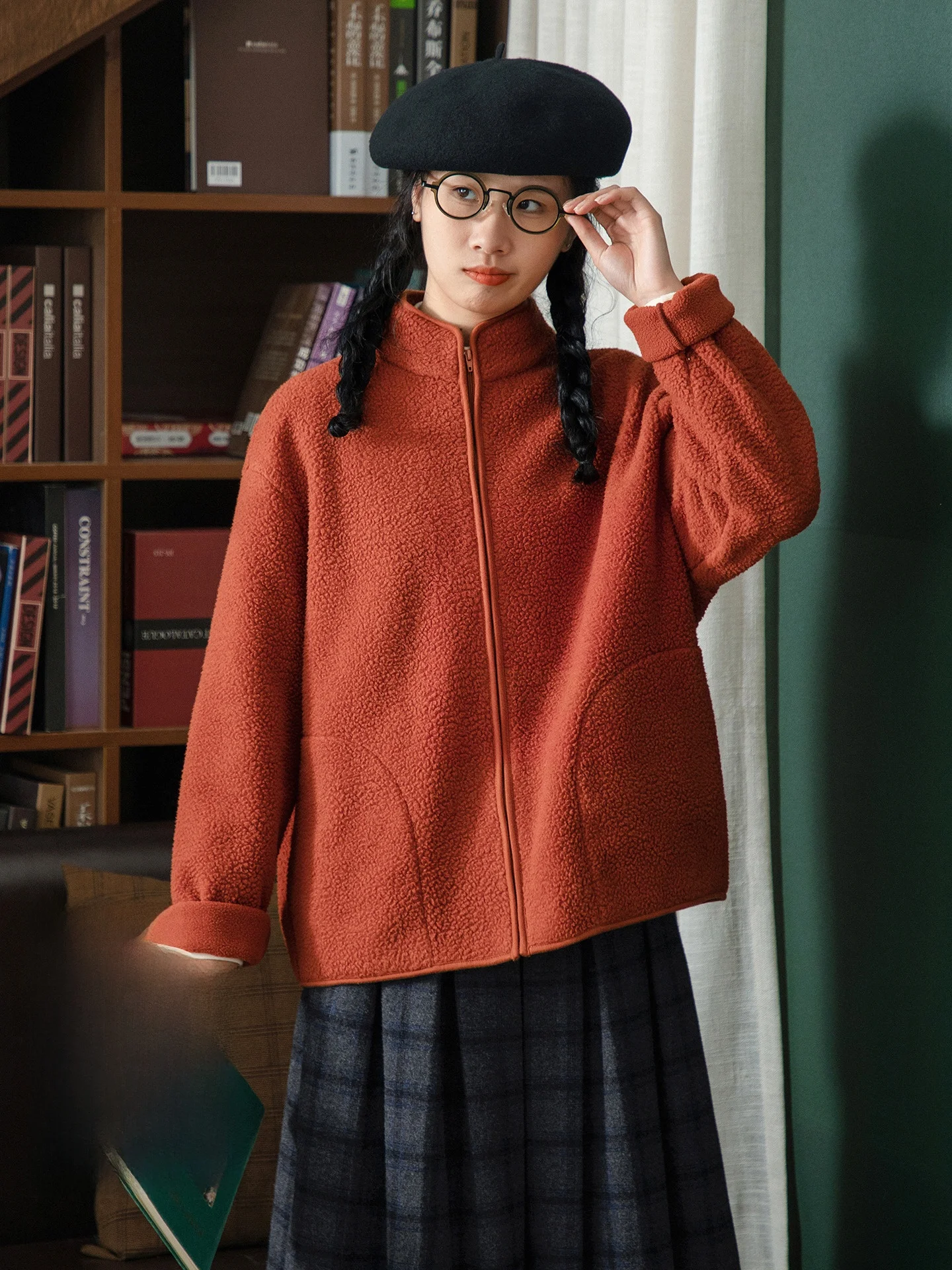 

Повседневный свободный женский осенний японский винтажный свободный длинный открытый кардиган Fce ort Jaet, топ ржаво-красного цвета