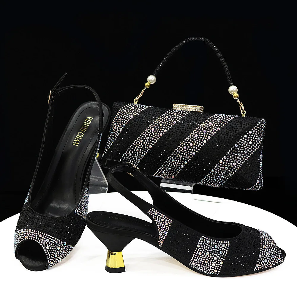 Black INS Style Crocodile Textured Ribbon And Colorful Crystal Embellished with Long Shoulder Strap Women's Shoes And Bag Set