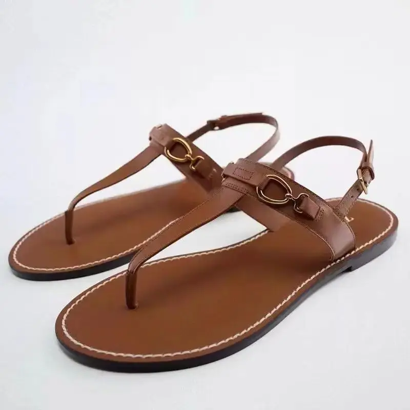 TRAF Woman Summer Clip Toe Flad Sandals Fashion Brown Round Toe Outdoor Flip Flops 2024 Damskie czarne buty plażowe z odkrytymi palcami