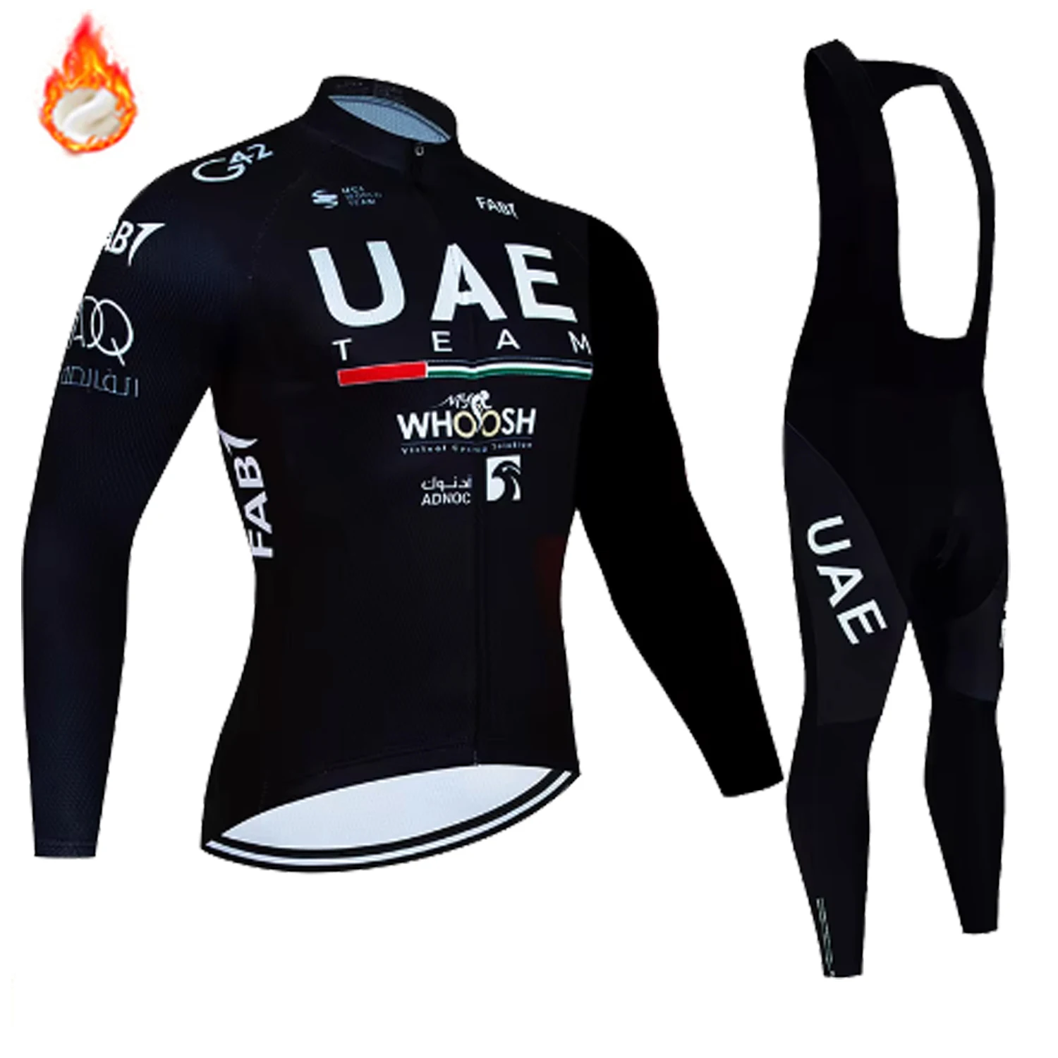 فريق الإمارات العربية المتحدة الشتاء طويلة الأكمام الحراري الصوف الدراجات جيرسي مجموعة مريلة السراويل Ropa Ciclismo دراجة الملابس الجبلية دراجة جيرسي موحدة