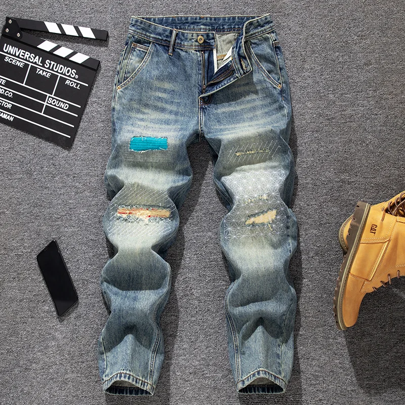 

Весенне-летний модный бренд, корейская версия, свободные прямые широкие рваные джинсы с нашивками, мужские молодежные универсальные брюки