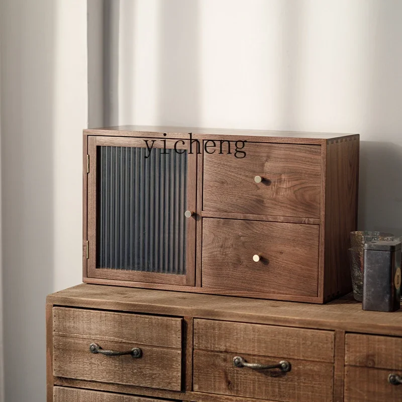 Black Walnut Desktop Display Storage Cabinet Solid Wood Drawer Tea Set