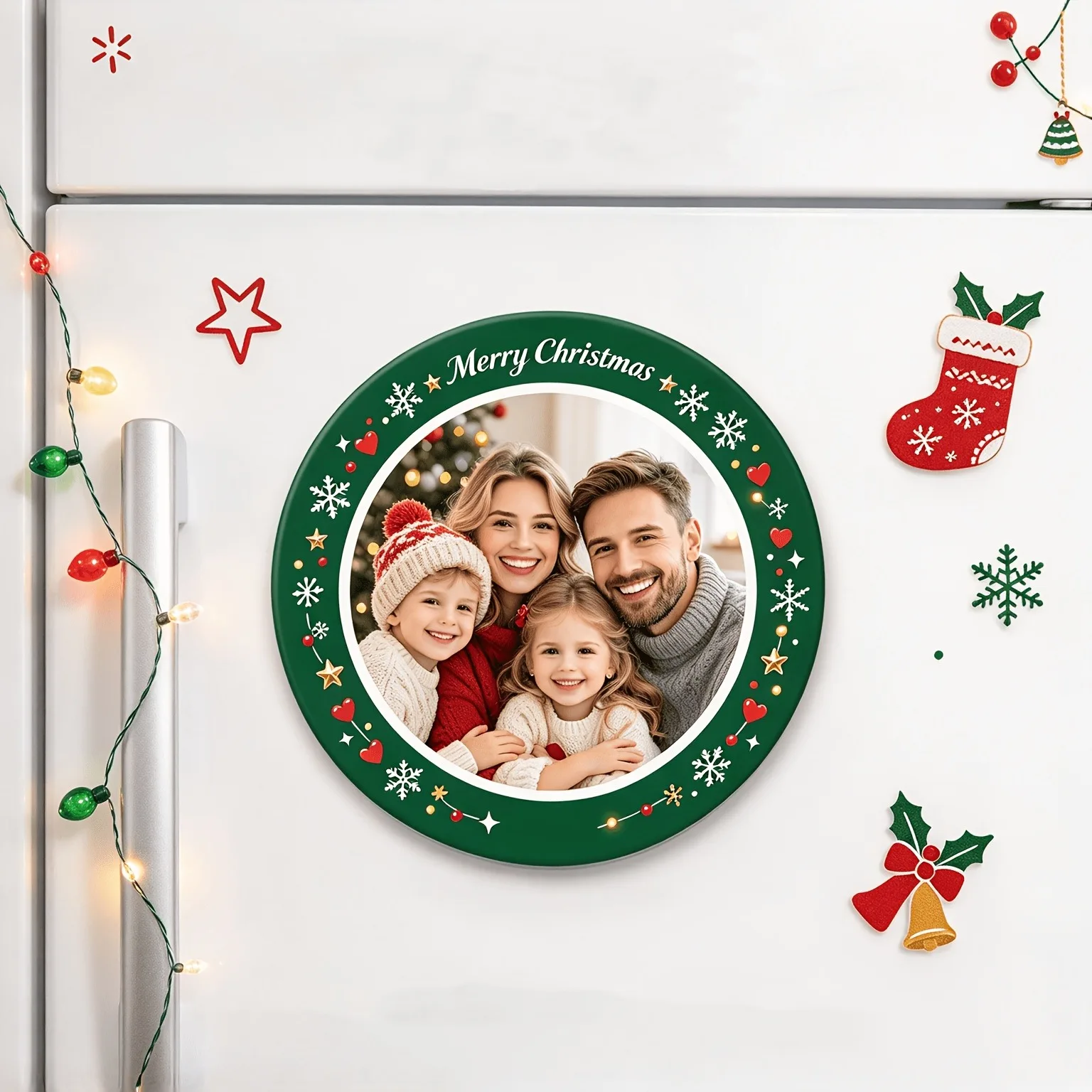 2D flat design, personalized photo frame decoration - custom image and name/date display, acrylic fridge magnet for Christmas tr