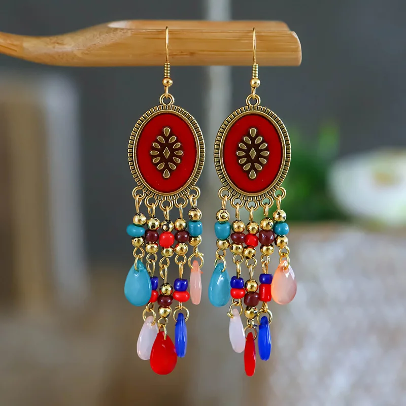 Bohemian Antik Gold Farbe Lange Wasser Tropfen Quaste Ohrringe für Frauen Vintage Bunte Geometrische Tropfen Baumeln Ohrringe Schmuck – Detail 31