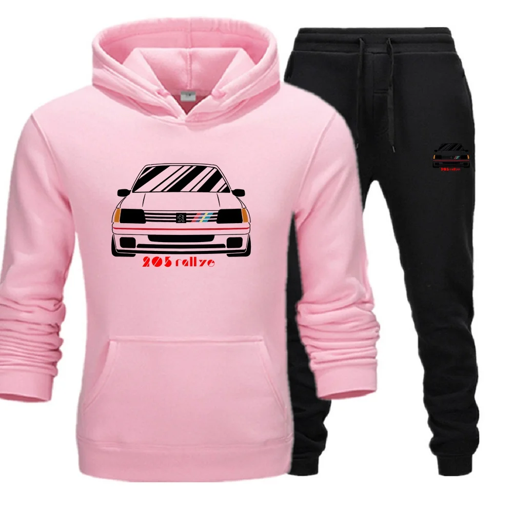 Men 2Pcs Sets Fleece Hoodies And Sweat Pants Set Men\'s Retro Wrc 205 Gti CAR Rallye Racing Jersey Suit Sportswear Ensemble