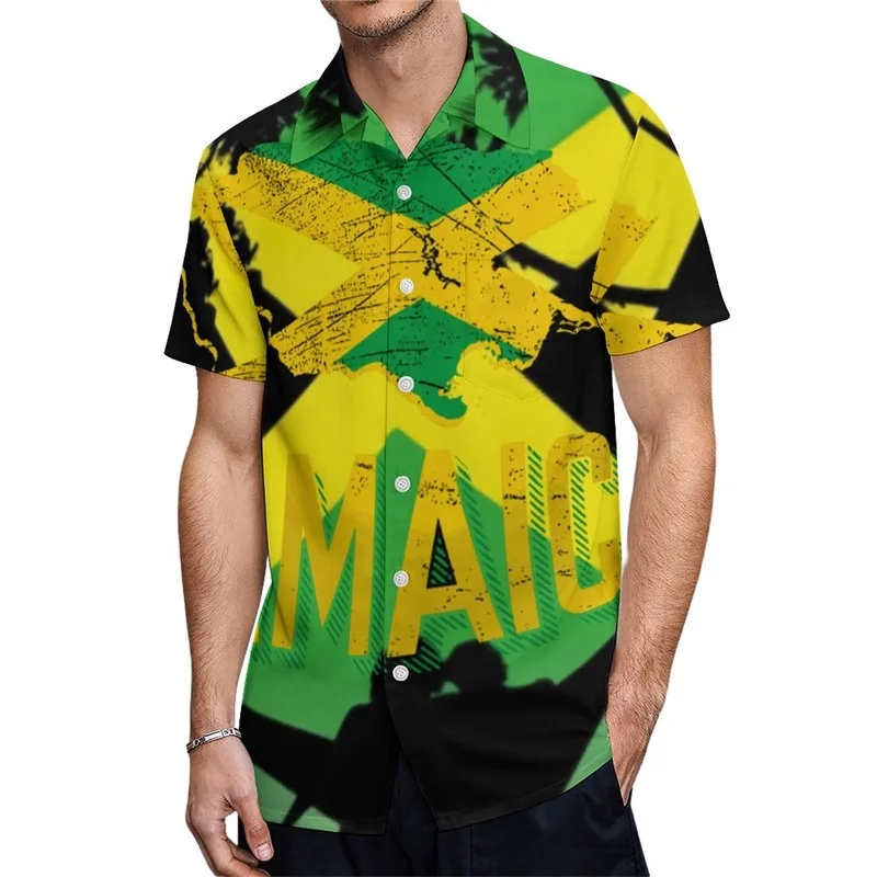 3D Printed Jamaican Flag Beach Shirts Men's Short Sleeved Casual Button Down Blouse Shirts Summer Oversized Tee Shirt For Men