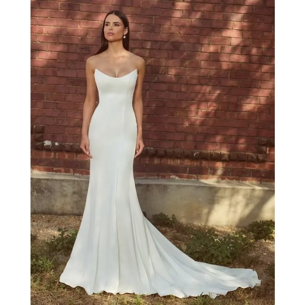 Customized Crepe Wedding Dresses For Bride Scoop Mermaid Pleat High Quality Elegant White Bridal Cheap for Floor-Length Simple