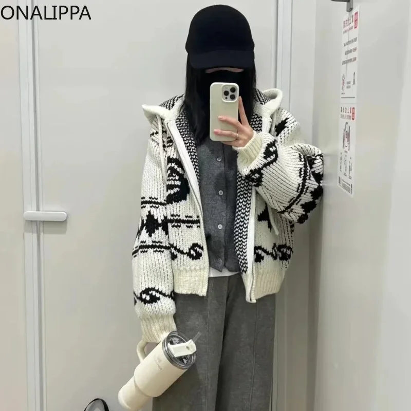 Onalippa Thick Needles Oversized Cardigan Zipper Contrast High Street Hooded Knitted Cardigans Korean Vintage Casual Hoodies