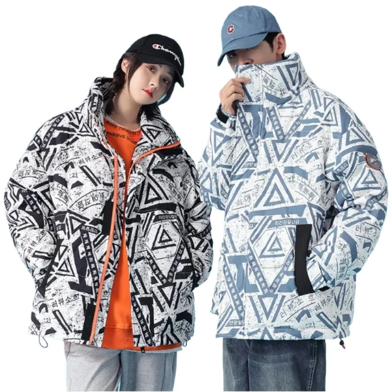 Amantes do inverno curto estilo coreano jaqueta de alta qualidade pato branco para baixo colarinho impressão tendência tudo para baixo jaqueta tamanho 3xl