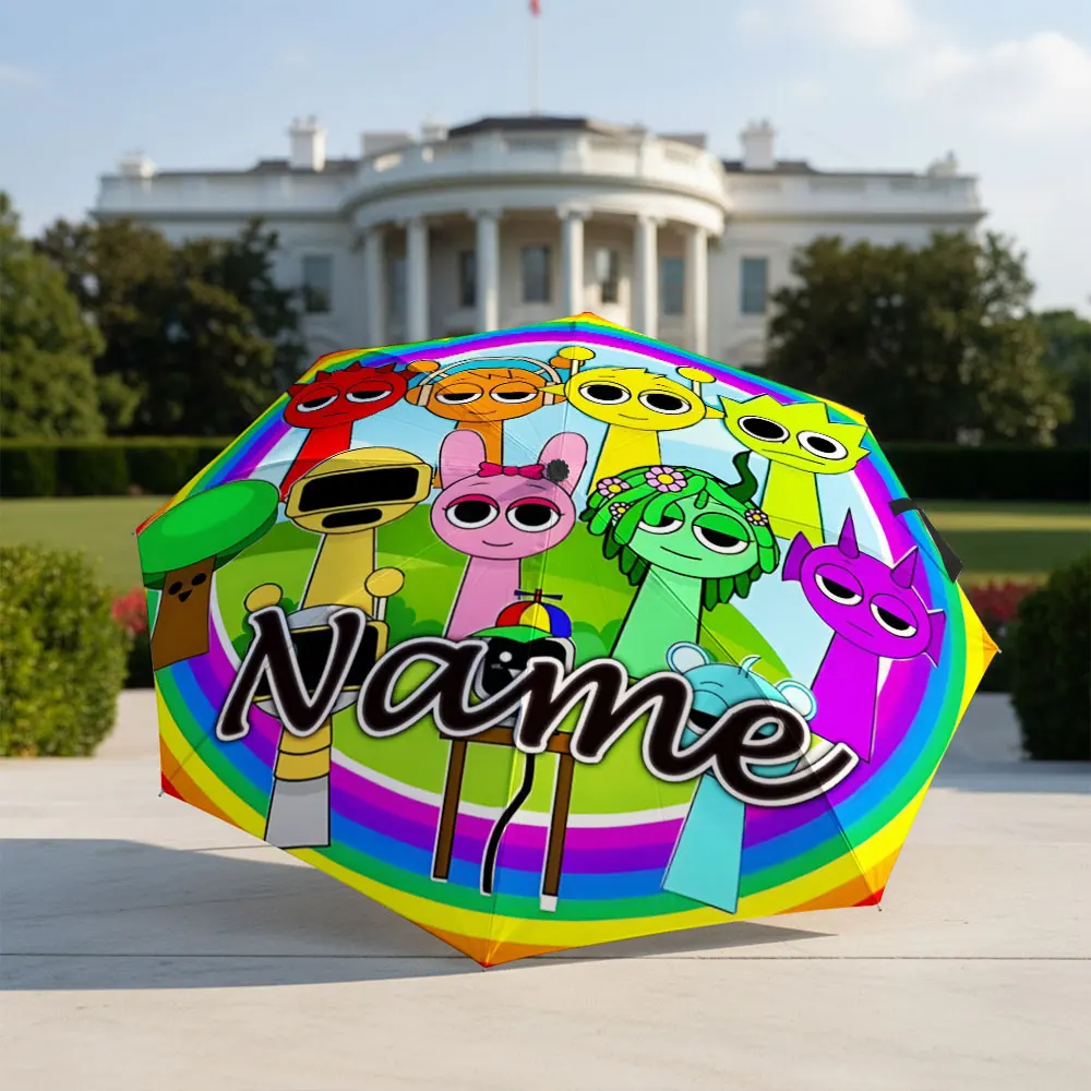 Custom Name Umbrella Cartoon Colorful Creatures Rainbow Character Group Print Folding Umbrella Portable Travel Parasol For Kids