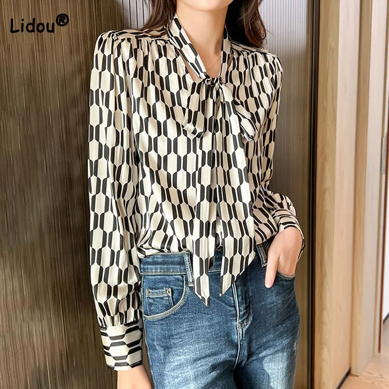 

Temperament Spring Autumn Women's Clothing Office Lady Long Sleeve Bow Lacing Printing Slim Single Breasted Mulberry Silk Shirt