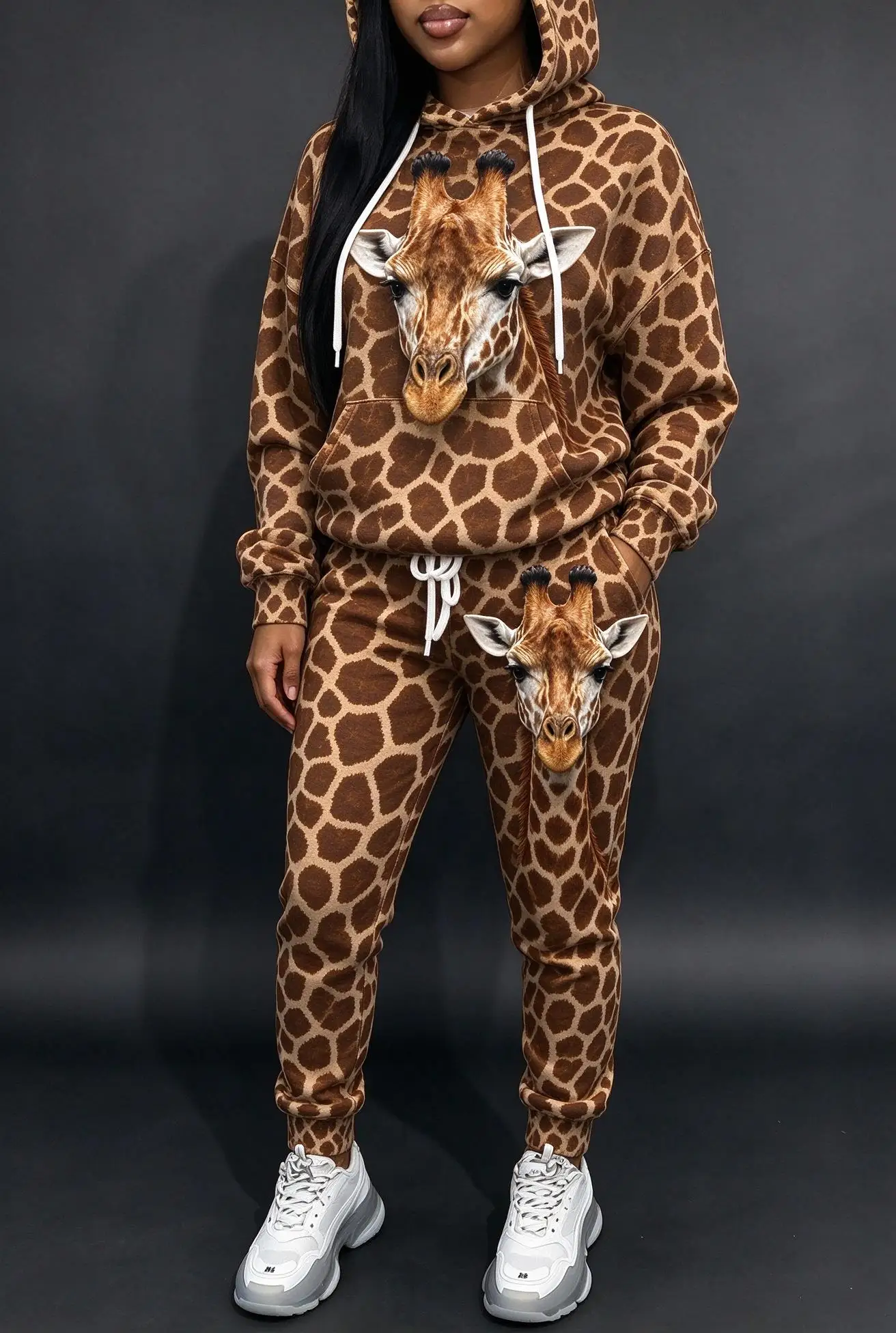 ：Women 3D Animal Print 2Pcs Tracksuit, Leopard & Giraffe Graphic Hoodie Jogger Set, soft casual streetwear.