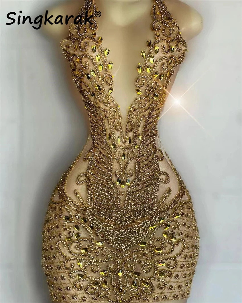 Sexy Gold Crystals Short Prom Dress Luxury For Black Girsl 2026 Diamonds Beads Homecoming Gown Birthday Dress Customized