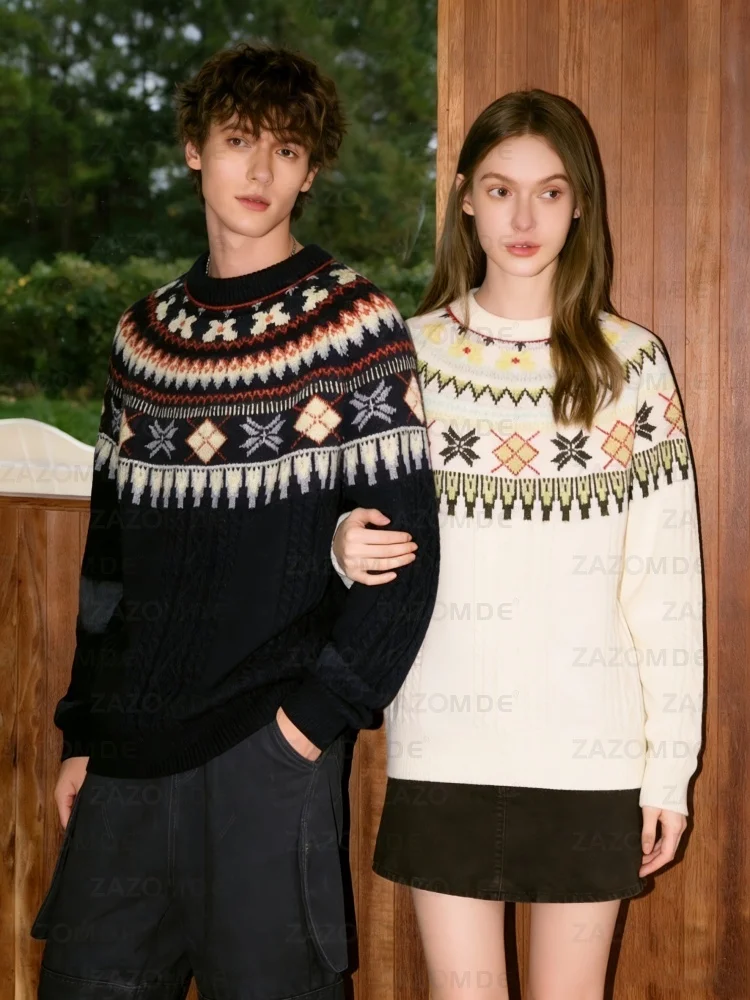 ZAZOMDE Fair Isle Patterned Knit Sweater For Men And Women Cozy Winter Holiday Design In Classic Black And White Diamond Motif