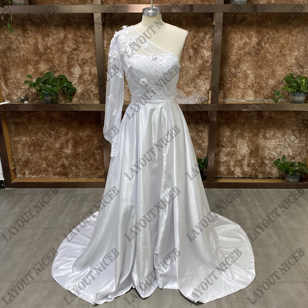 Lace Appliques One Puff Sleeve Wedding Dress Split vestidos de novia Stain robe de mariée For Women 2023 Custom Sweep Train Gown