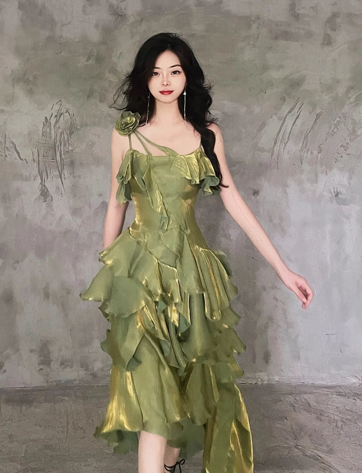 Red Elegant Evening Dress Women's Sweet 3D Rose Slim-Fit Irregular Fishtail Dress Ladies Gothic Retro Lo Suspender Dress Jsk